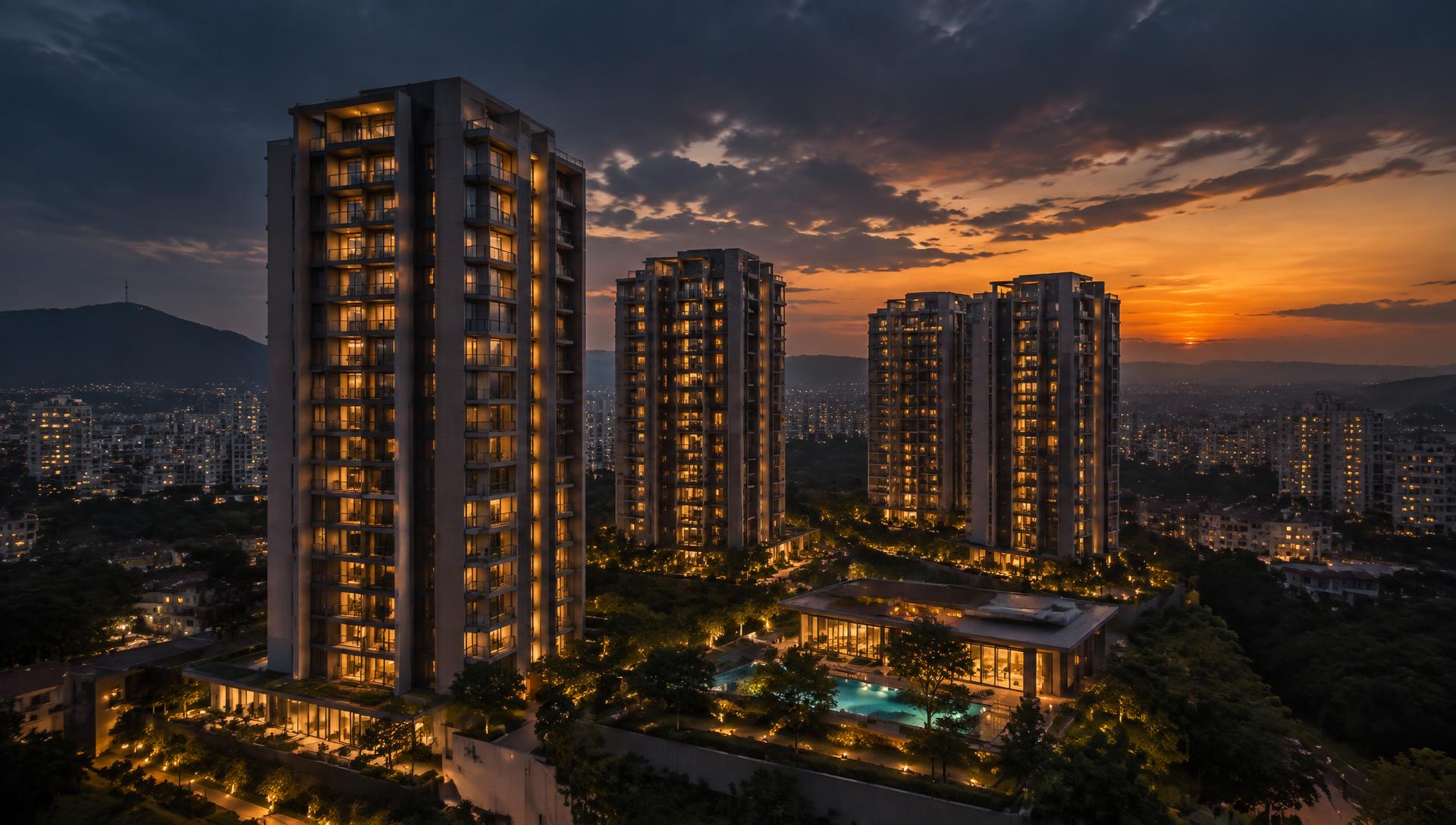 Residential towers at dusk in a Maharashtra city skyline