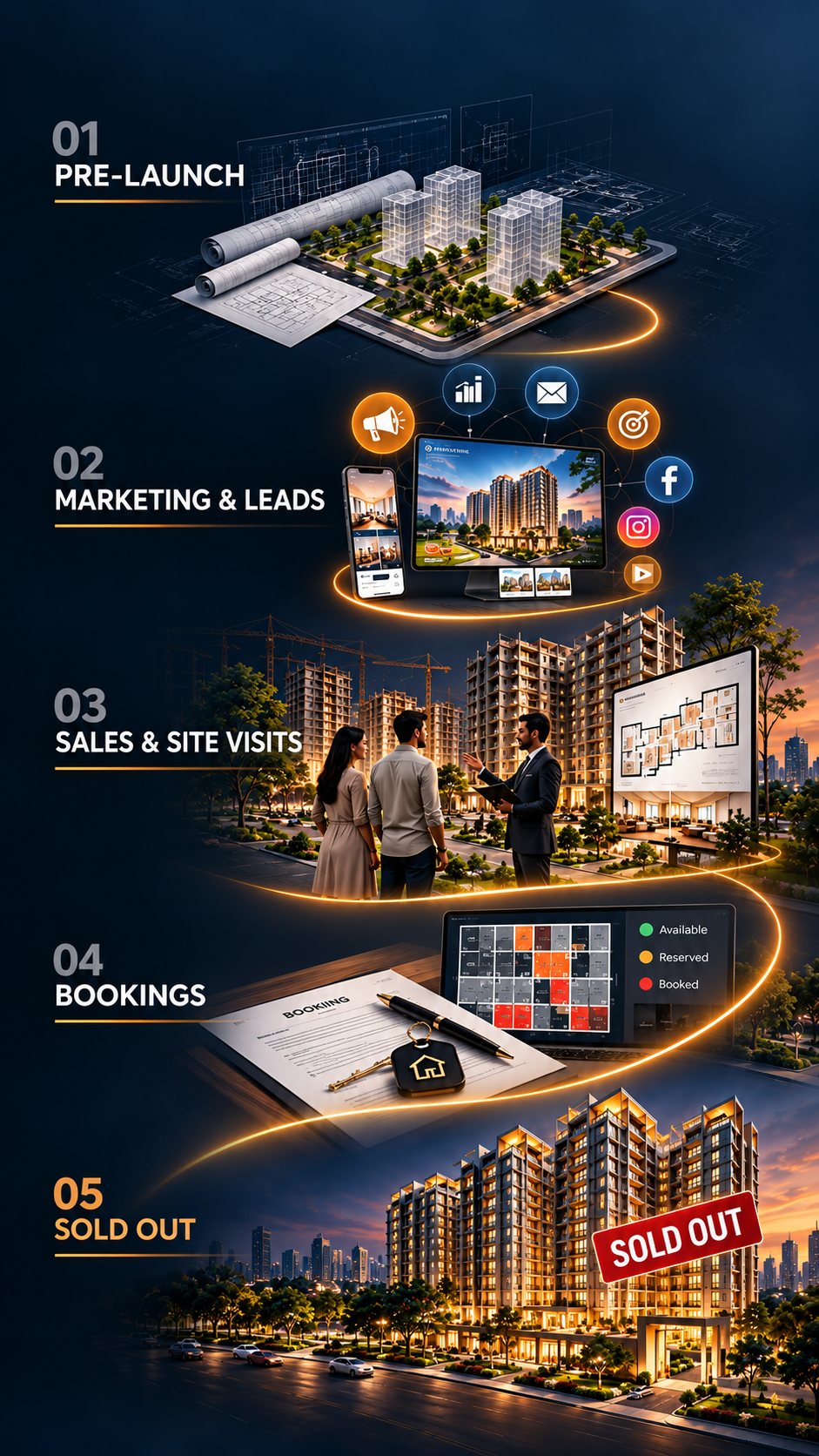 The journey from launch to sell-out: pre-launch, marketing and leads, sales and site visits, bookings, sold out